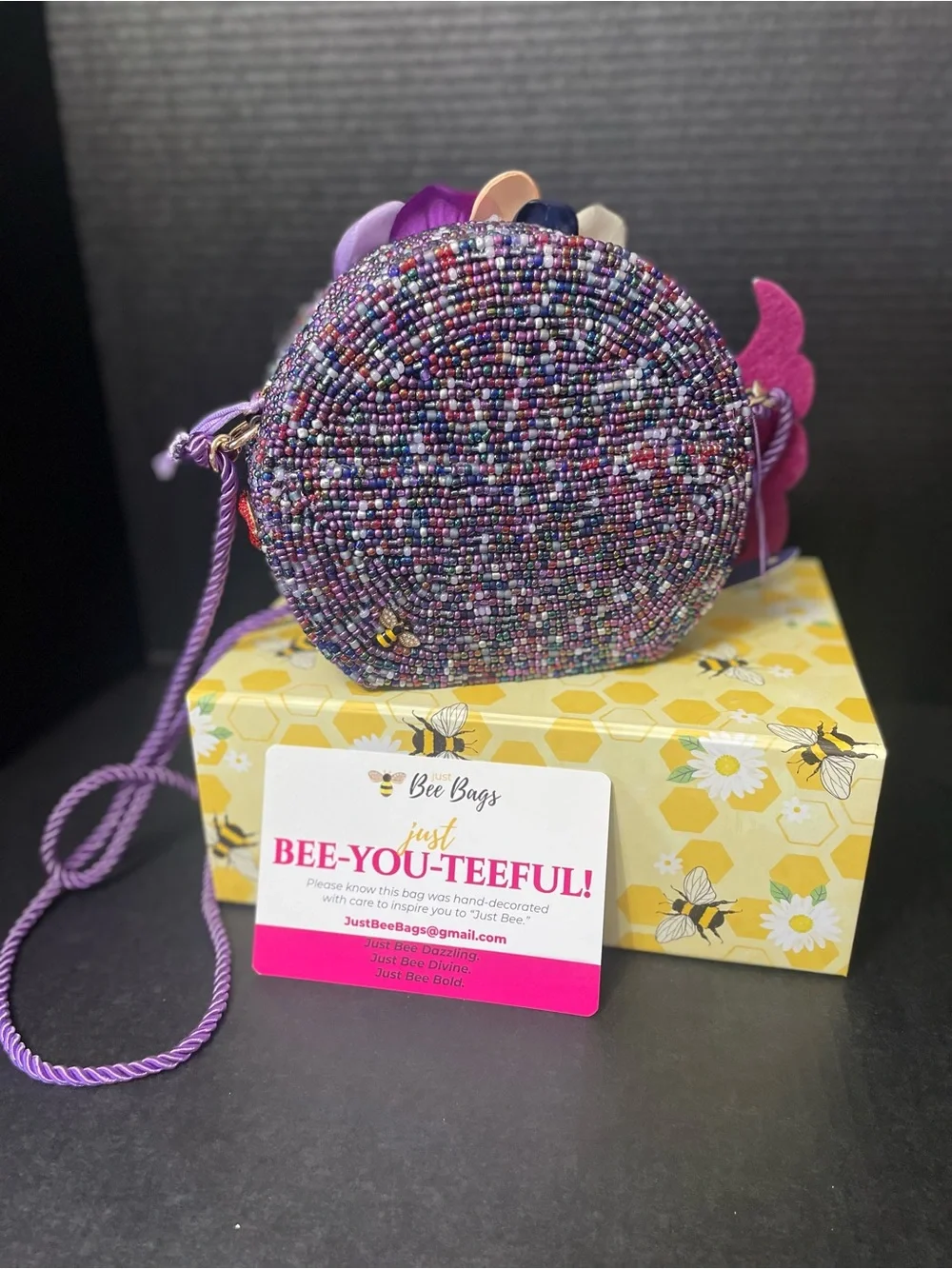 Just Bee Bags Shy Violet is a Playful Purple Beaded Fish Crossbody Hand Beaded!